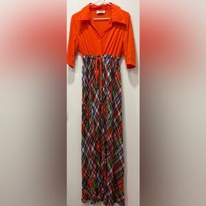 Vintage 60s / 70s Orange Plaid Maxi Dress | Tall & Slender | Boho Mod